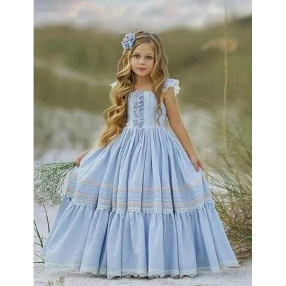 Dollcake Maxi Dress Girls 5 Light Blue Lace Ruffle Vintage Style